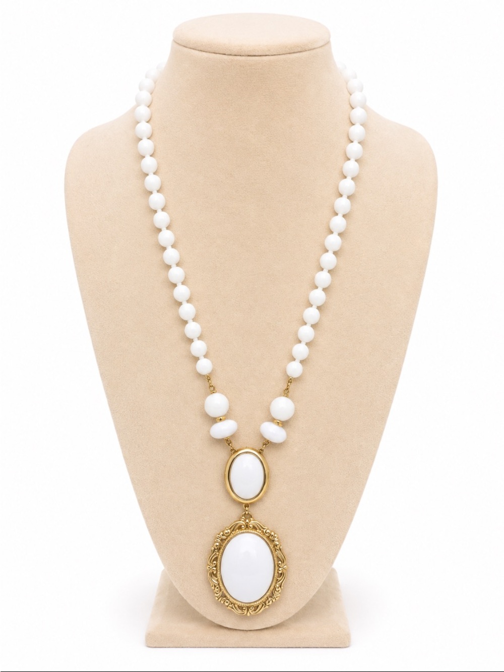 White Beaded Statement Necklace with Ornate Gold-Tone Double Medallion